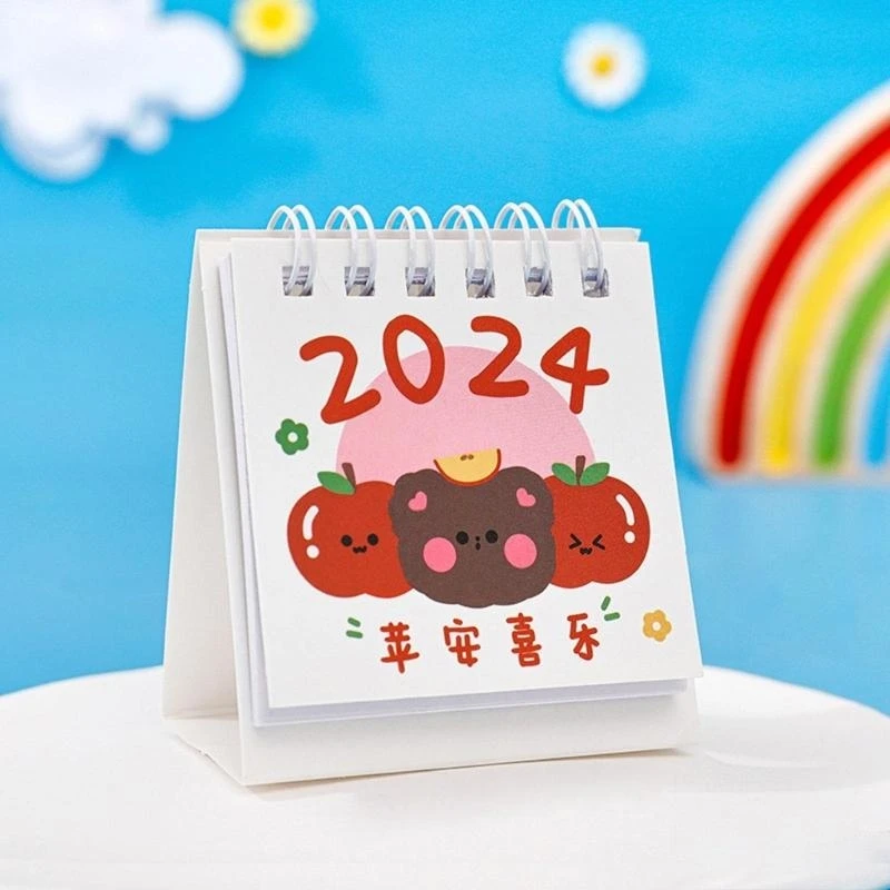 W89C 2024 Mini Cartoon Desk Kalender Home Office Ständer monatlich Planer Dekor Dekor