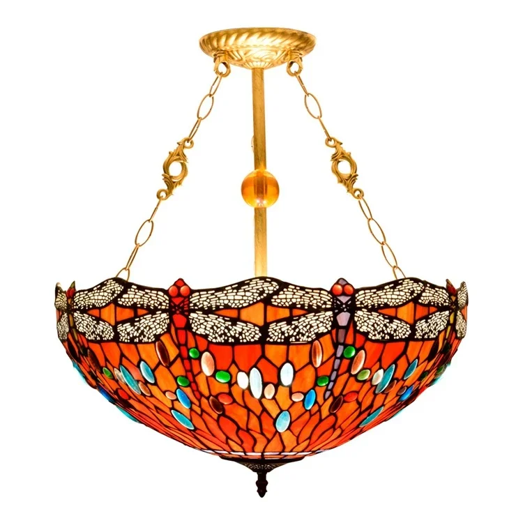 

50cm Red Dragonfly Retro Classic Hall Lamp Tiffany Stained Glass Restaurant Bar Club Bedroom Upward Pendent Lamp