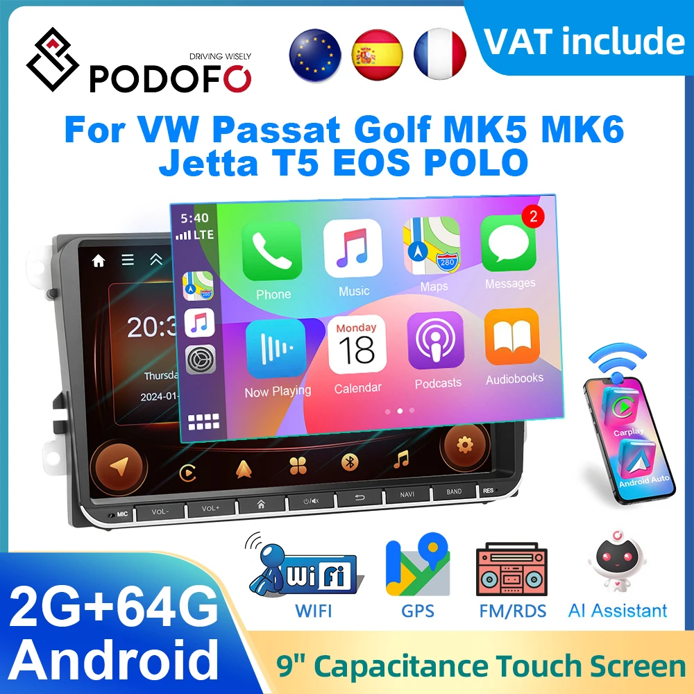 Podofo 2din 9inch Android Car Radio for VW Passat Golf MK5 MK6 Touran Seat 2+64G Carplay Autoradio WIFI GPS Bluetooth Player