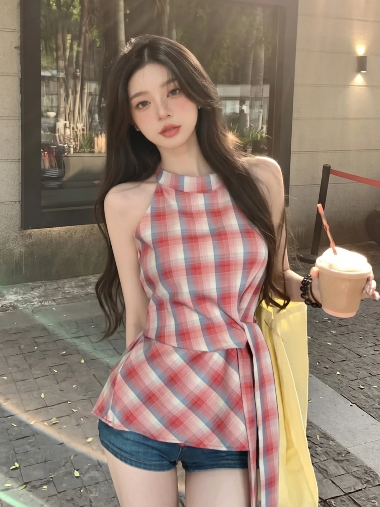 

Summer Vintage Plaid Sleeveless Vest Women's Design Slimming Waist Tie Top Fashion City Walk Short Length round Neck Dress