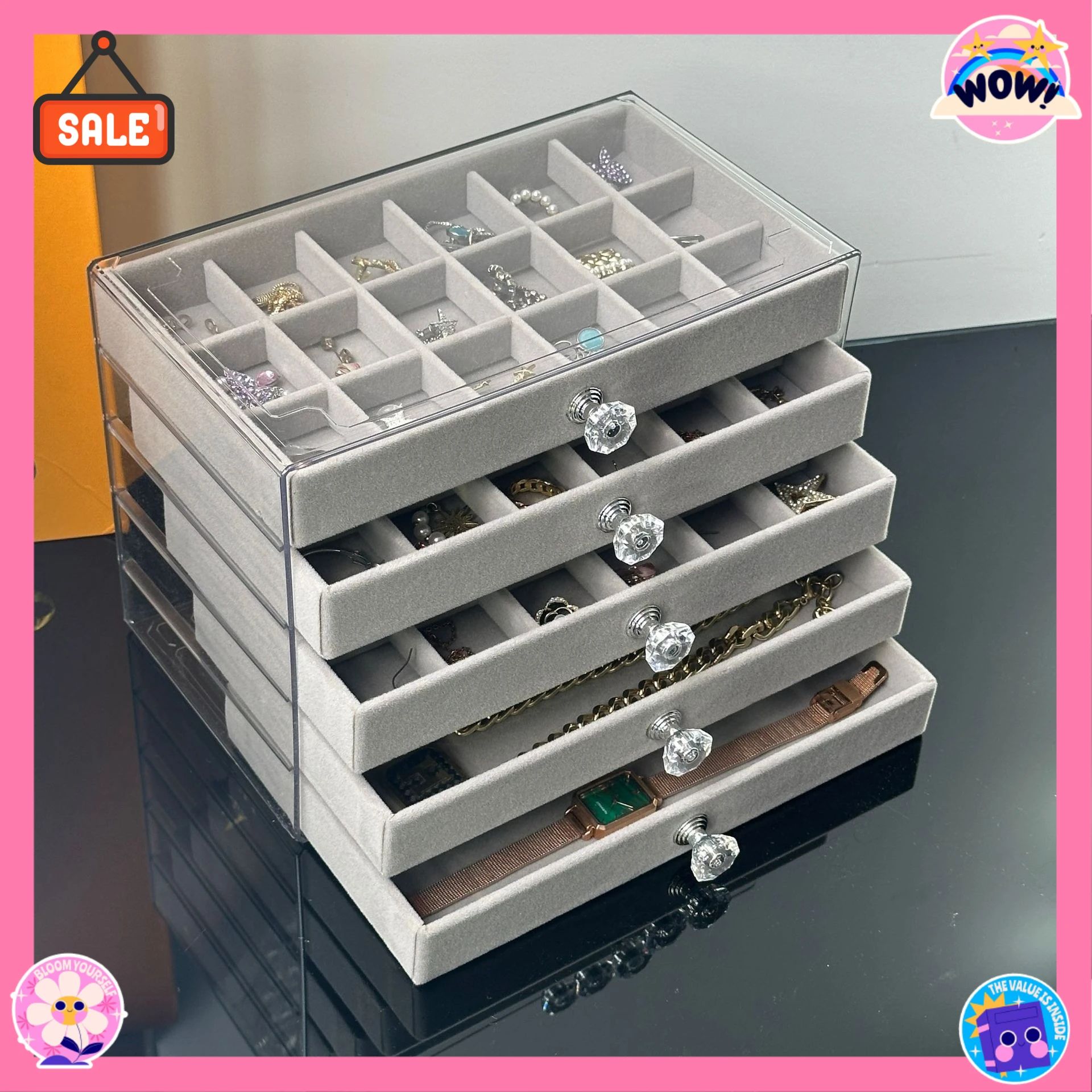 

Популярный прозрачный настольный органайзер для дома с пятью ящиками, коробка для хранения украшений, коробка для сережек, шкатулка для драгоценностей.