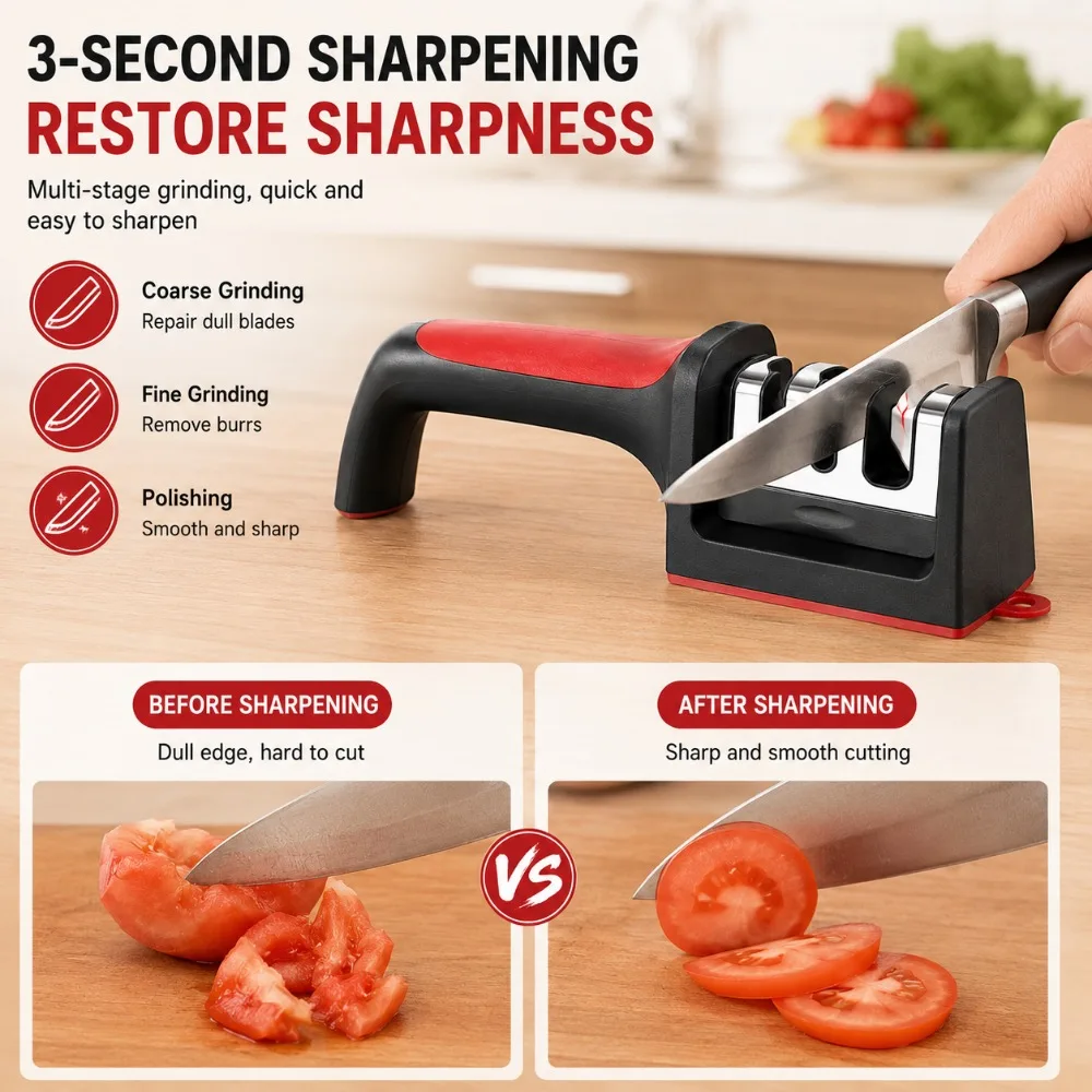 New Household Multi-Functional Hand-Held Three-Purpose Black Sharpening Stone Kitchen 3/4-Segment Knife Sharpener