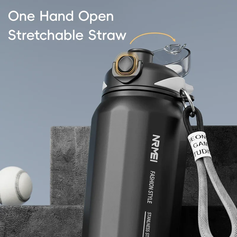 One Button Open Water Bottle with Lifting Rope, Capacity Large Stainless Steel Thermos Bottle, Outdoor Sport Vacuum Flasks