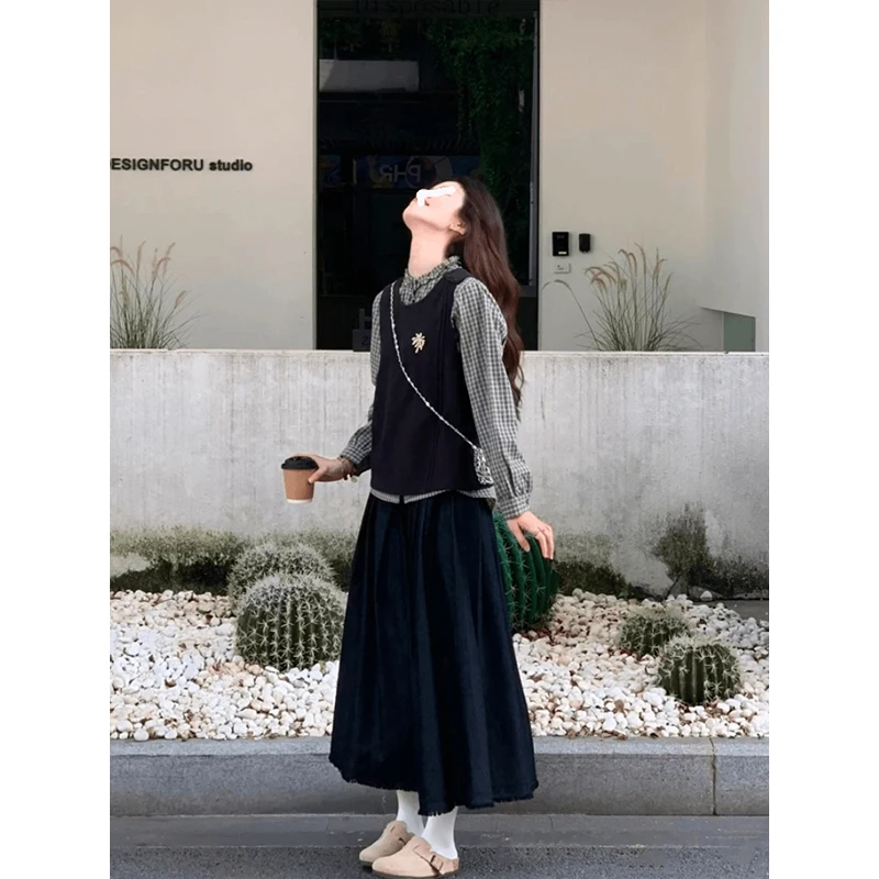 가을 신상 예술적 슬레 드 티피스 세트 레트로 스위트 하이엔드 에이지 디파이닝 패셔너블 여성용 롱 스웨터