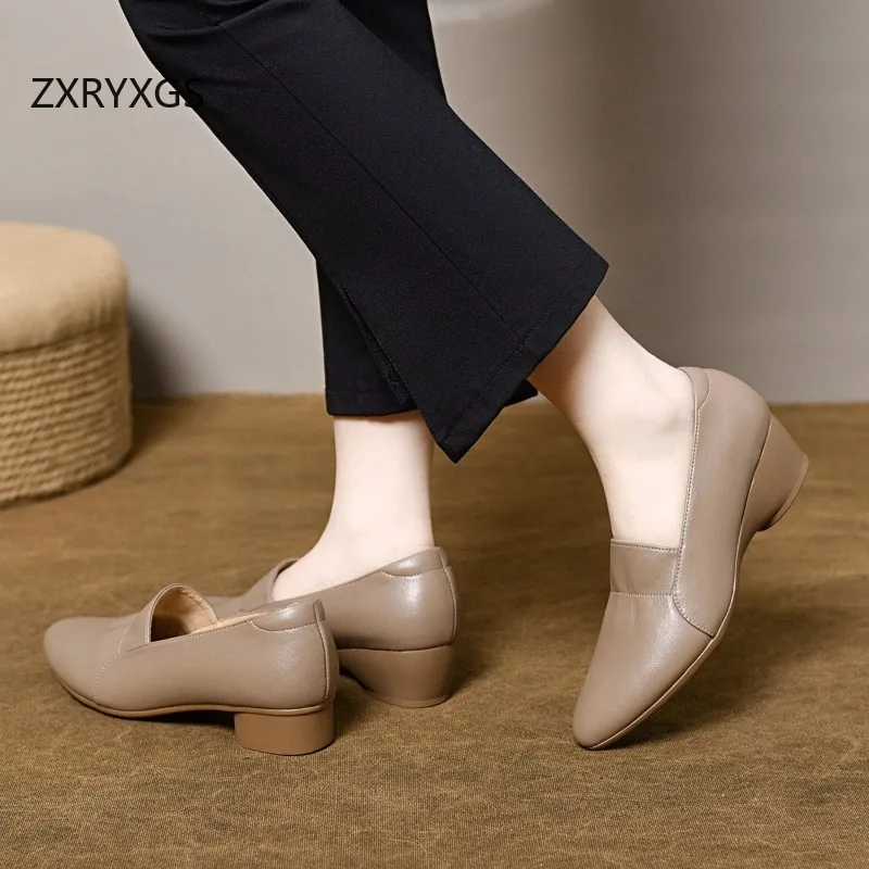 XRYXGS 2026 New Fashion Genuine Leather Shoes Mid Heels Comfortable Elegant Women Office Banquet Shoes Heel High 5 / 3 Cm