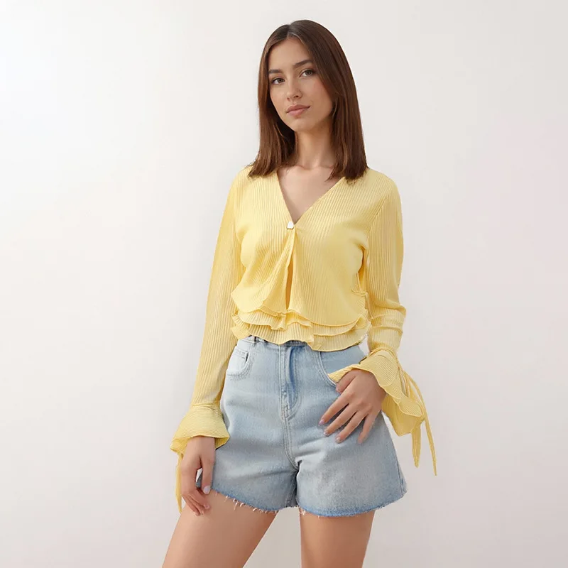 

Solid Spliced Ruffles Slimming Blouses For Women V Neck Long Sleeve Temperament Shirts Female Fashion Style Clothes