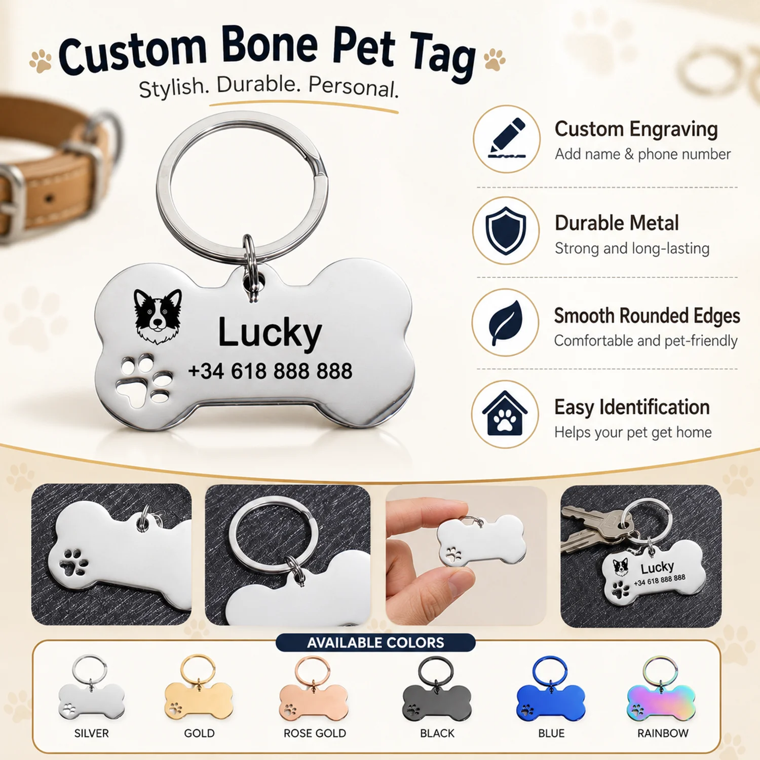 Doppelseitiger personalisierter Namensanhänger für Hunde, personalisiertes Haustier-ID-Tag, Lasergravur, personalisierter Namensanhänger für Hunde aus Edelstahl – Detail 3
