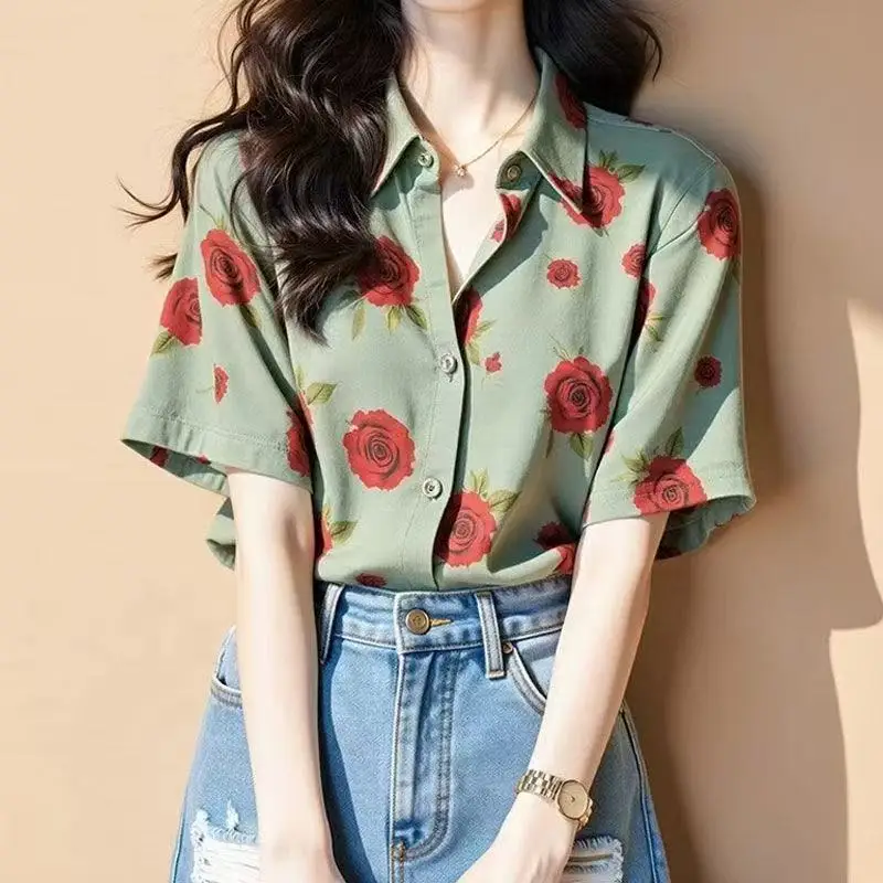 

Print Thin Button Vintage Blouse Summer New Short Sleeve Polo Neck Loose Youth Fashion Shirt Tops Casual Korean Women Clothing