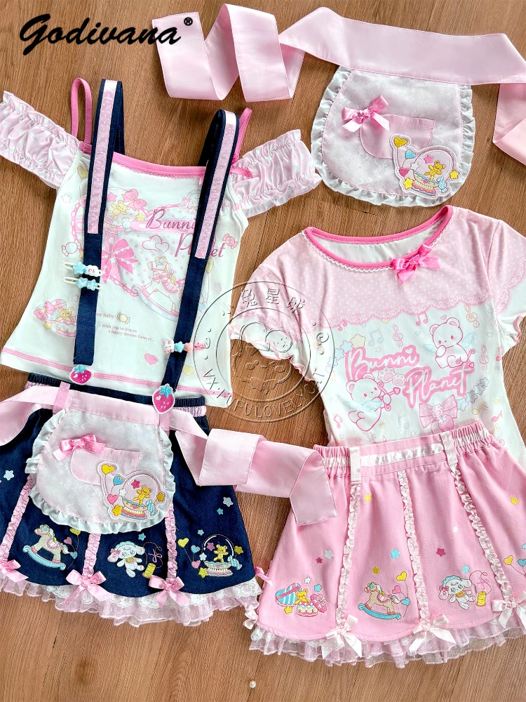 

Одежда Lolita Daughters, милая футболка без бретелек с короткими рукавами и принтом, милая юбка на бретелях, фартук, женский мини-платье на подтяжках, комплект