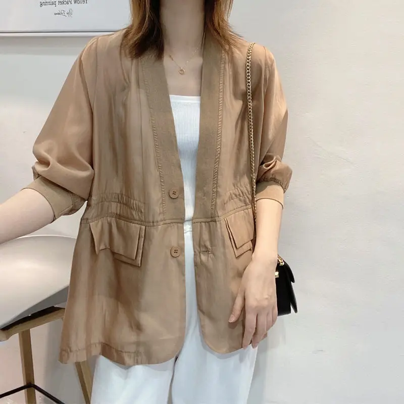 Adjustable Waist Feature V-neck Pockets Button Coats Spring Summer Thin Loose Three Quarter Sleeve Women\'s Clothing 2023 Solid