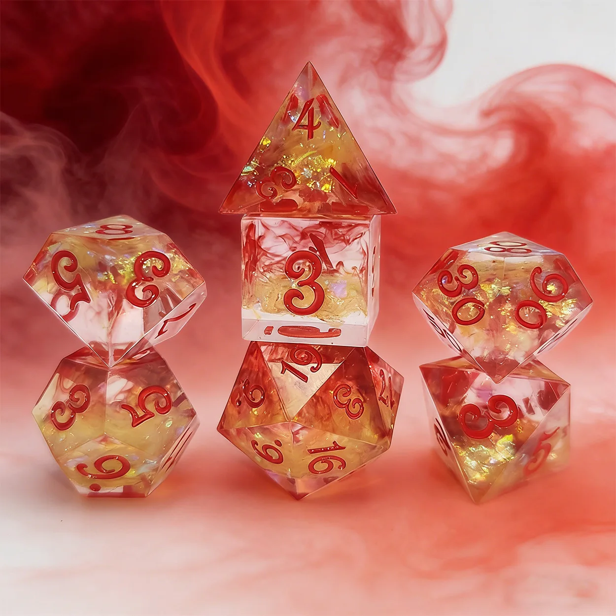 

7 шт., встроенные острые края, с золотой фольгой и красным красителем, полупрозрачный дизайн, набор кубиков из смолы DND, для Dungeons&Dragons