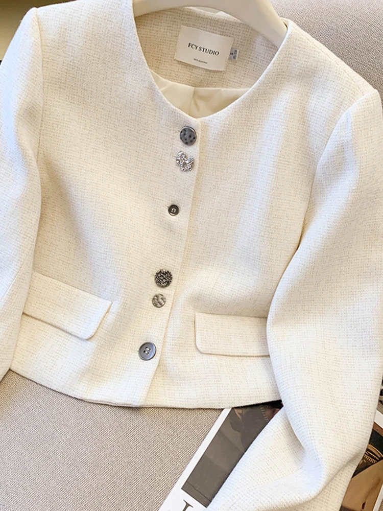 Ele ort Coat Jaet Women's round Ne Asymmetric Hem Button up Top for Autumn Winter Faion Luxury Sle Straight Cut