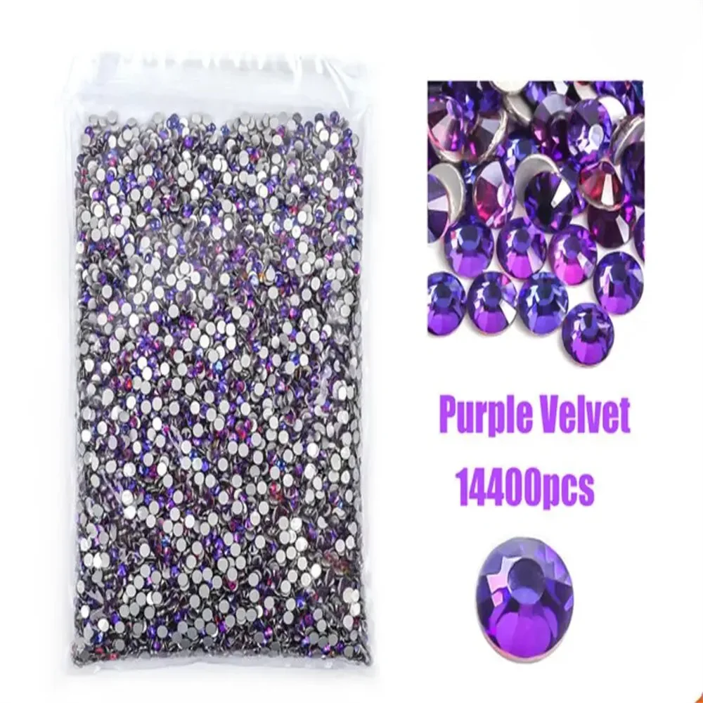 Newest Wholesale 14400Pcs Purple Velvet Glitter Crystal Non Hot Fix Rhinestones Glass Strass Flatback For DIY Nails Decorations