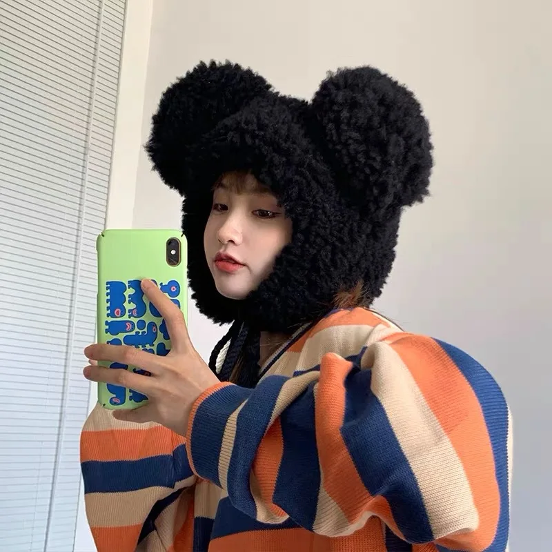 Ins Korean Kawaii Pom-pom Big Ears Bear Hats for Women Winter Imitation Lamb Wool Cold Proof Protection Ear Strap Bomber Cap