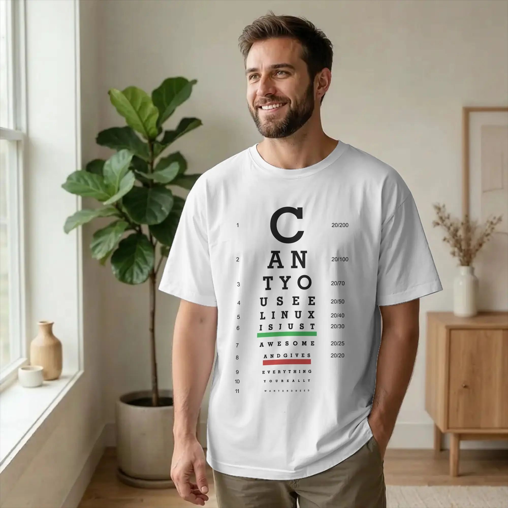 Can you see linux Eye Chart  T-Shirt Men's Cotton Clothing Funny  Round Neck Short Sleeve