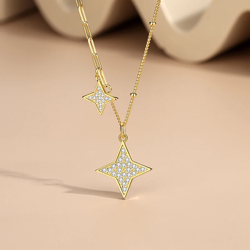 Summer NEW Shiny Star Clear Zircons Necklace For Women Two Diamond Stars Pendant Chain Set 925 Sterling Silver Fine Jewelry Gift