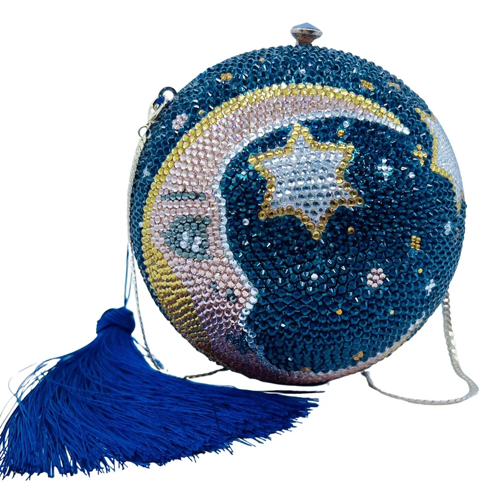 

Moon Star Rhinestone Evening Clutches Bags Round Pattern Women Crystal Mini Minaudiere Tassel Lady Diamond Party Blue Purses