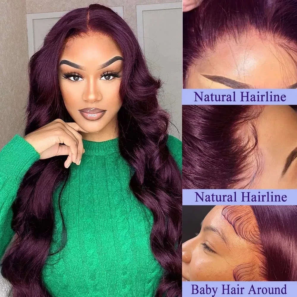 Colorful Dark Burgundy 13x4 HD Lace Front Wigs Pre Plucked 180 Density Deep Purple Body Wave Wigs For Black Women Synthetic Hair