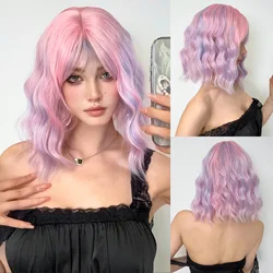 Short Wavy Colorful Cosplay Wigs Pink Purple Ombre Bob Synthetic Wig Heat Resistant Natural Hair Lolita Wig with Bangs for Girls