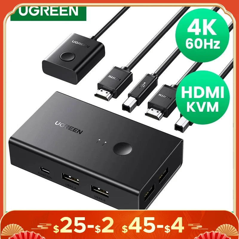 UGREEN HDMI 호환 KVM 스위치, 프린터 모니터 마우스용 USB 2.0 스위처, HDMI 케이블로 장치 1 개 공유, 4K @ 60Hz, 2 PCs