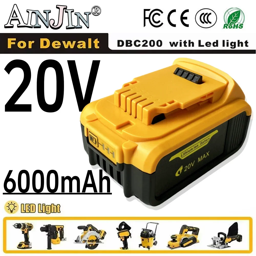 

100% Compatible For Dewalt DCB200 Rechargeable Power Tools Battery 20V 6000mAh Li-ion Battery Replacement DCB205 DCB206 DCB209