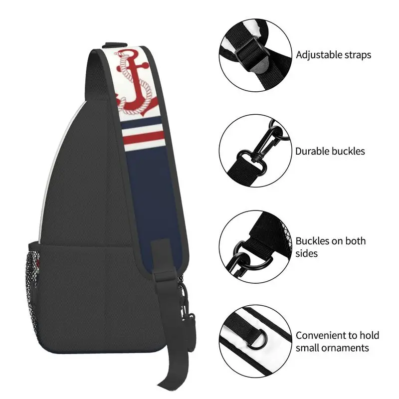 Mochila cruzada para el pecho para hombre, morral de hombro con diseño de rayas azules marino, ancla náutica, bolso de cabestrillo para viaje