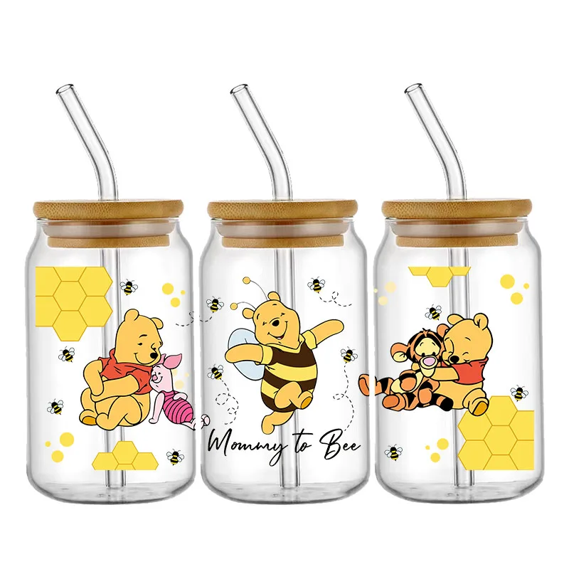 Disney Cartoon Adesivo de Transferência Impermeável, Urso Ursinho Pooh Padrão, UV DTF, Transfere Decalques para Copo de Vidro 16oz, Envoltório Adesivos