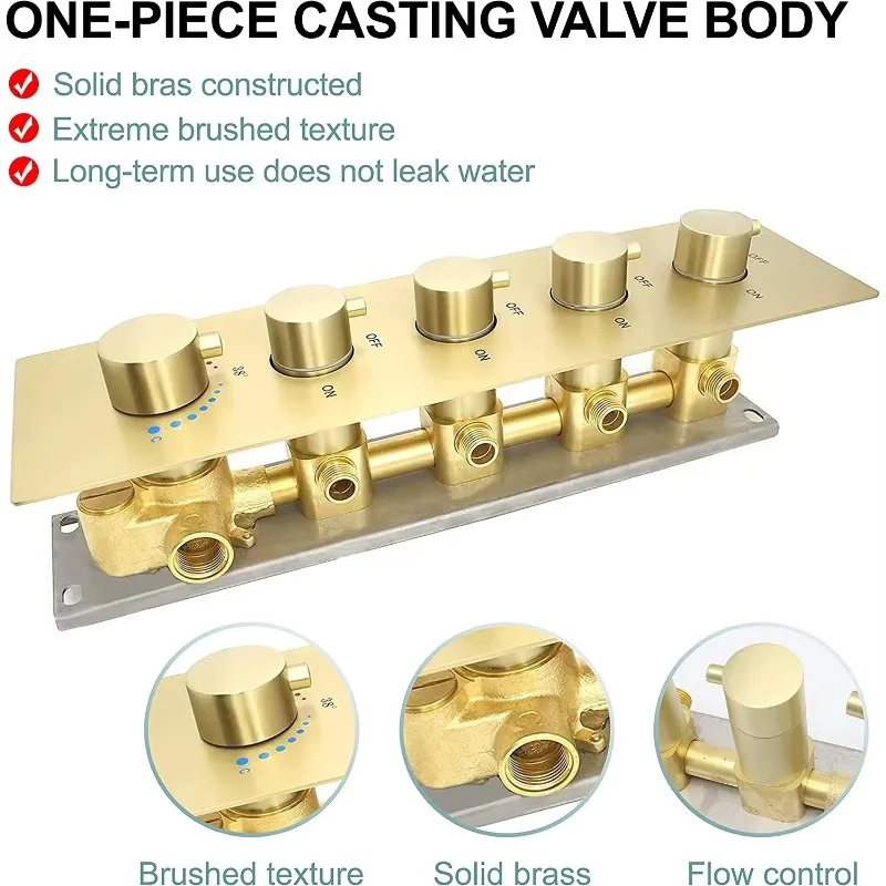 Système combiné de salle de bains avec bobine en laiton pour appartement, ensemble de robinets de douche intérieure thermostatiques en or brossé