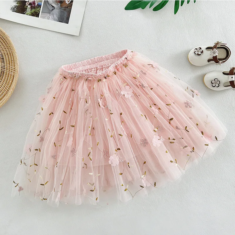 Image 5: Jupes en maille brodées de fleurs pour enfants, jupe Tutu de spectacle pour filles, jupe de princesse plissée, nouvelle collection été 2025