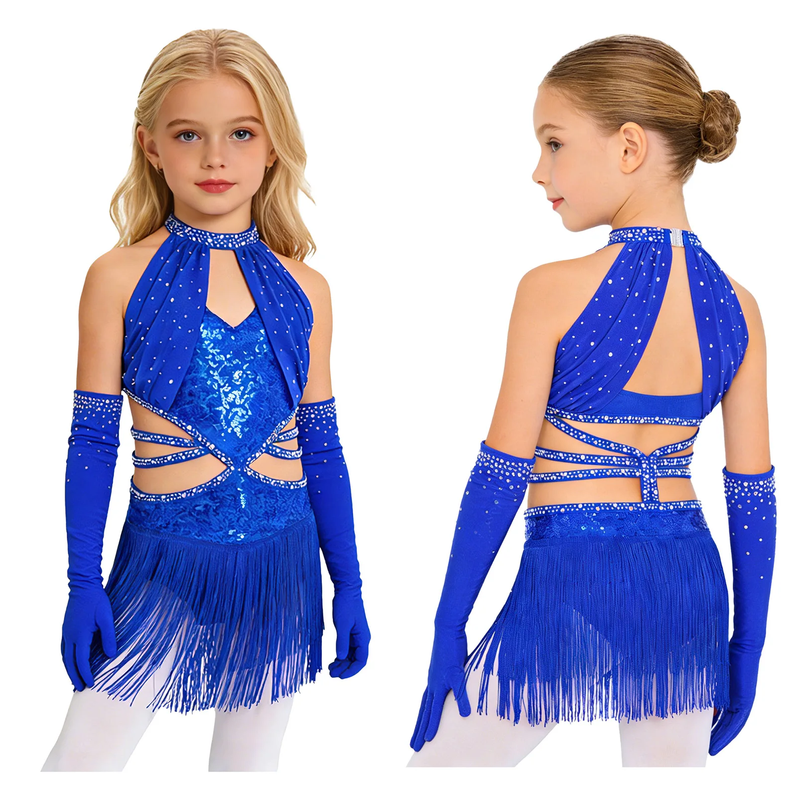 Girls Rhinestone Sequin Cutout Tassel Latin Dance Bodysuit Dress Cha-cha Samba Rumba Tango Salsa Ballroom Performance Costume