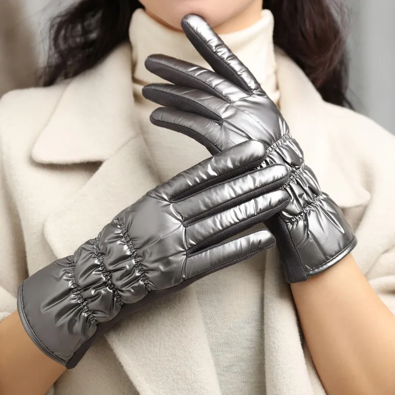 Autumn Winter Korean Embroidered Down Cotton Warm Riding Gloves Cold Proof Windproof Thick Thermal Fleece Lined for Women Men