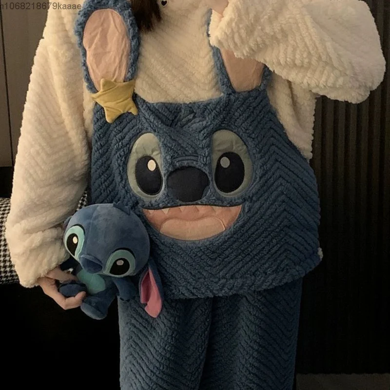 Disney Cartoon Stitch Cute Plush Pajamas Suit Y2k Couple Luxury Design Pullover Tops Trousers 2 Piece Set Women Soft Nightdress