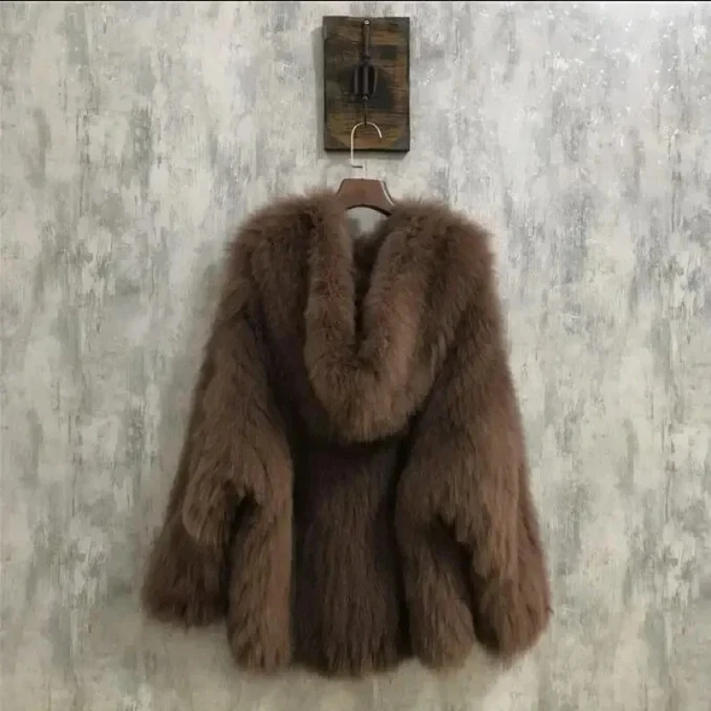 

Высококачественная куртка с иностранной атмосферой, теплая верхняя одежда с капюшоном, зимняя женская одежда, пальто из искусственного лисьего меха, короткое свободное пальто
