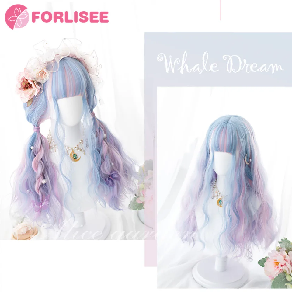 FOR Long Wavy Curly Synthetic Colorful Lolita Cosplay Harajuku Wigs for Women Natural Wave Pink Purple Blue Wigs with Bangs