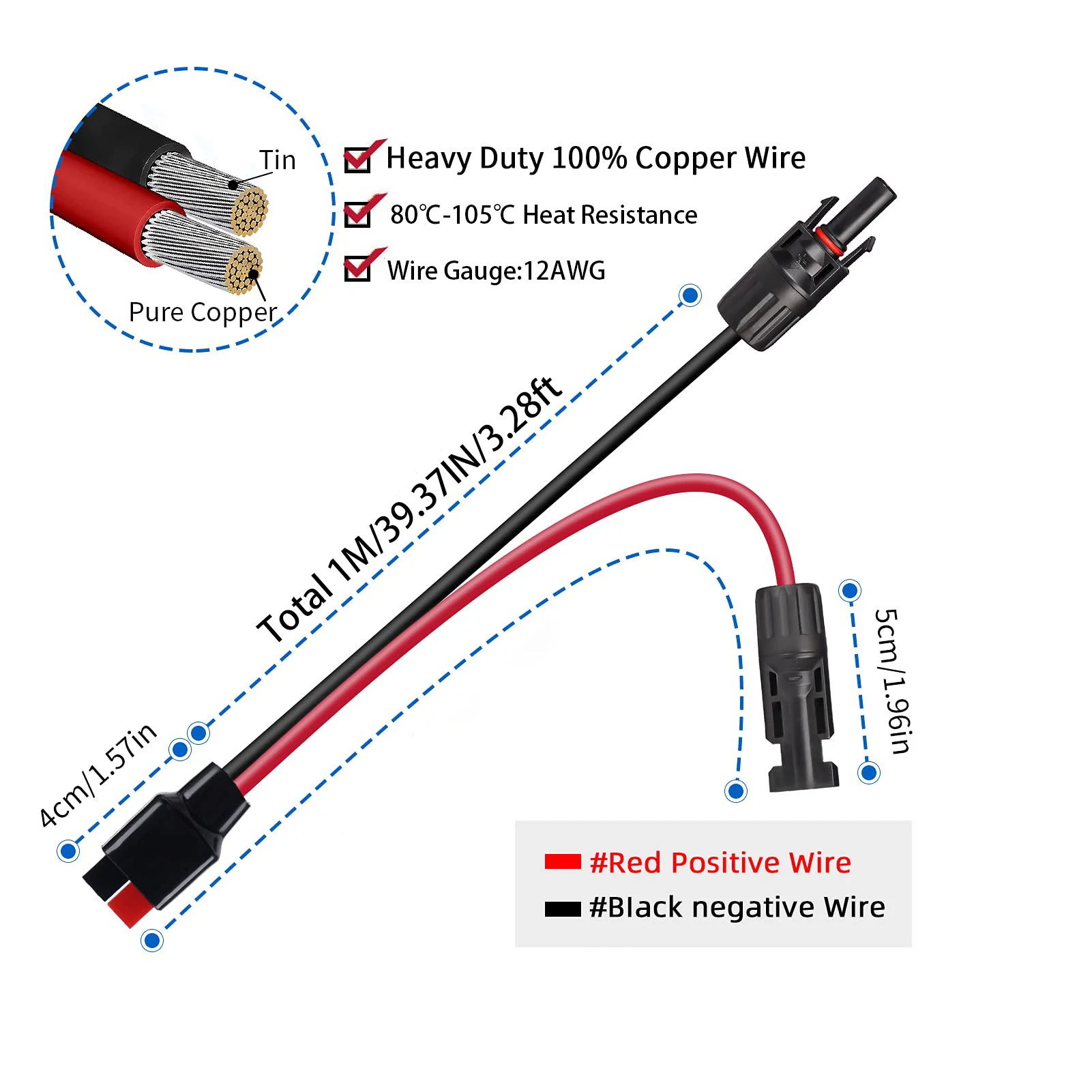 12 AWG Solar Panel Connector to Anderso Adapter Cable Adapter Cable Wire PV Panel Plug Cord Battery Wiring Solar Extension Cable