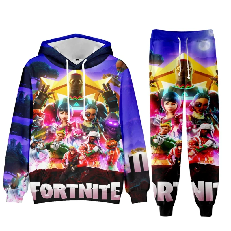 2pcs Game Fortnite Peripheral Hoodie Trousers Adult Children Hooded Sweatshirts Pants Set Winter Warmth Christmas Birthday Gifts