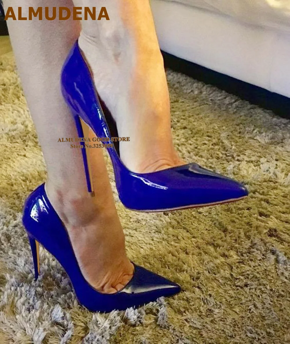 

ALMUDENA Royal Blue Gold Patent Leather Pointed Toe Pumps Slip-on 12cm Ultra High Heels Wedding Shoes Dropship Size45