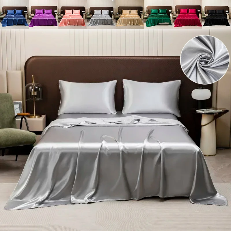 

2/3PCS Black Luxury Ice Silk Flat Sheet with Pillowcase High-End Bedding Smooth Bed Sheet Sets Washable Dustproof Sheet Lino Лен