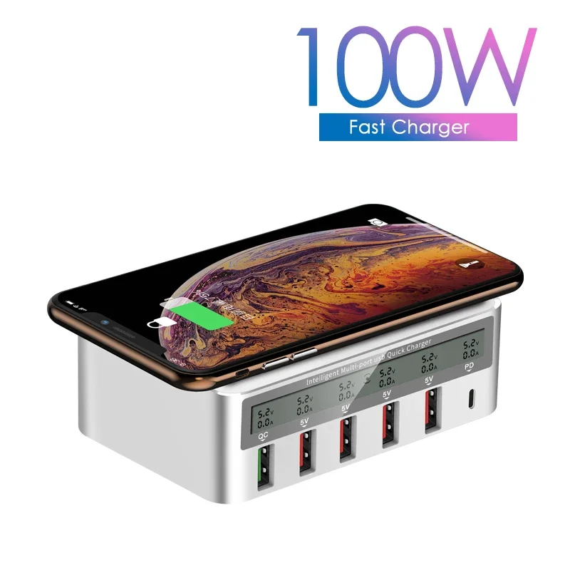

50W/100W USB PD QC Charger Adapter Wireless Charger 6 Ports Fast Charging Station for IPhone Pad Samsung Huawei