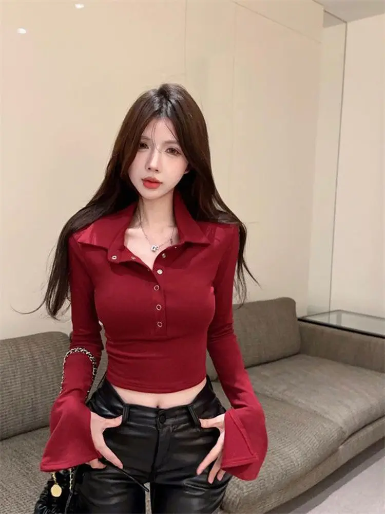 Slim Polo Neck T Shirt for Women Red Sexy Crop Top Spring Autumn Woman Tshirt Button Original with Collar Y2k Fashion Pulovers