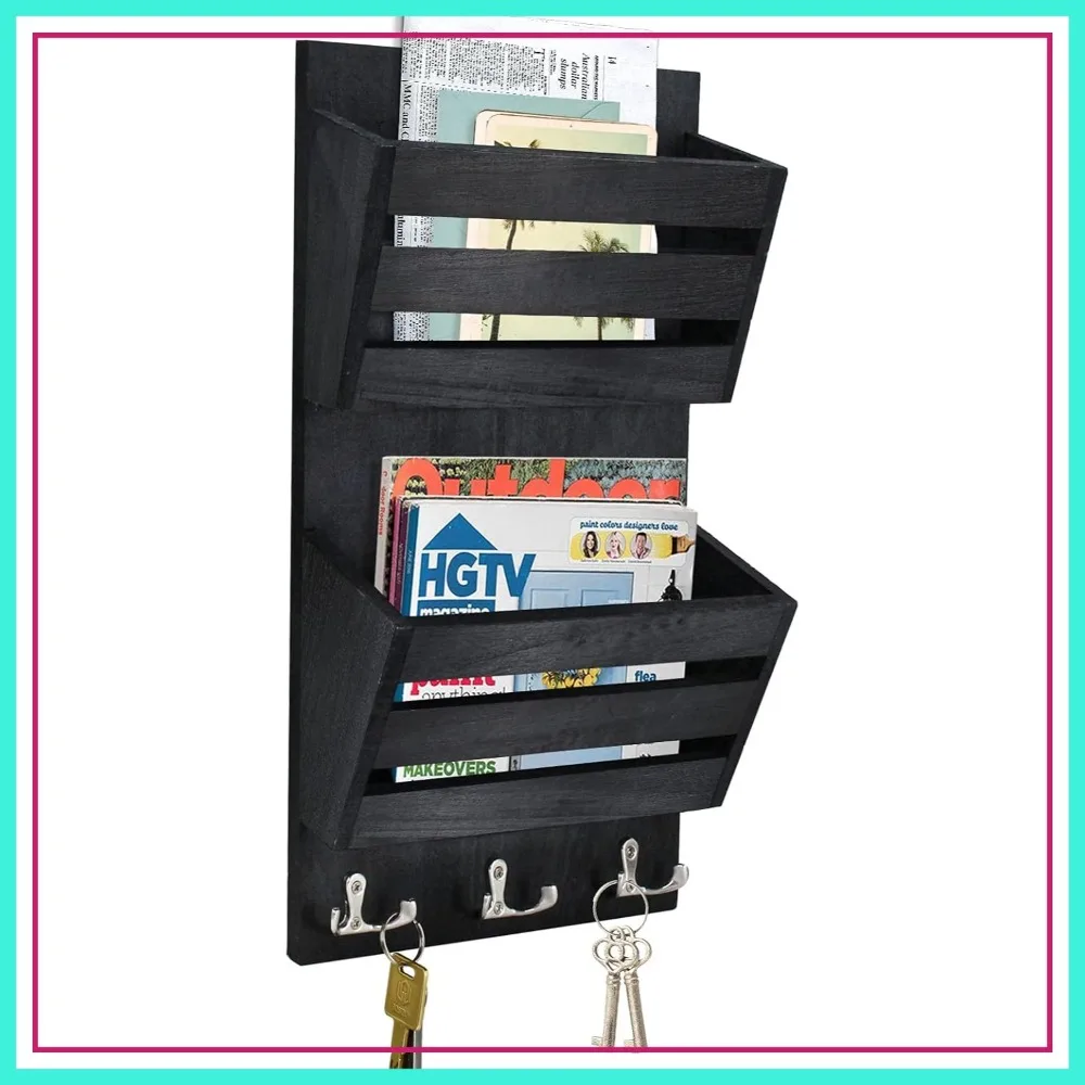 

Rustic Mail Organizer Wall Mount with 4 Key Hooks, Hanging Mail Holder for Letters, Magazines, Keys, Dog Leashes