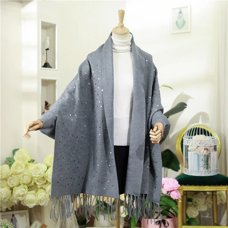 

7 Color Diamond Cloak Oversize Crystal Winter Knitted Poncho Coat Women Shinny Cardigan Autumn Overcoat Long Sleeves Shawl Capes