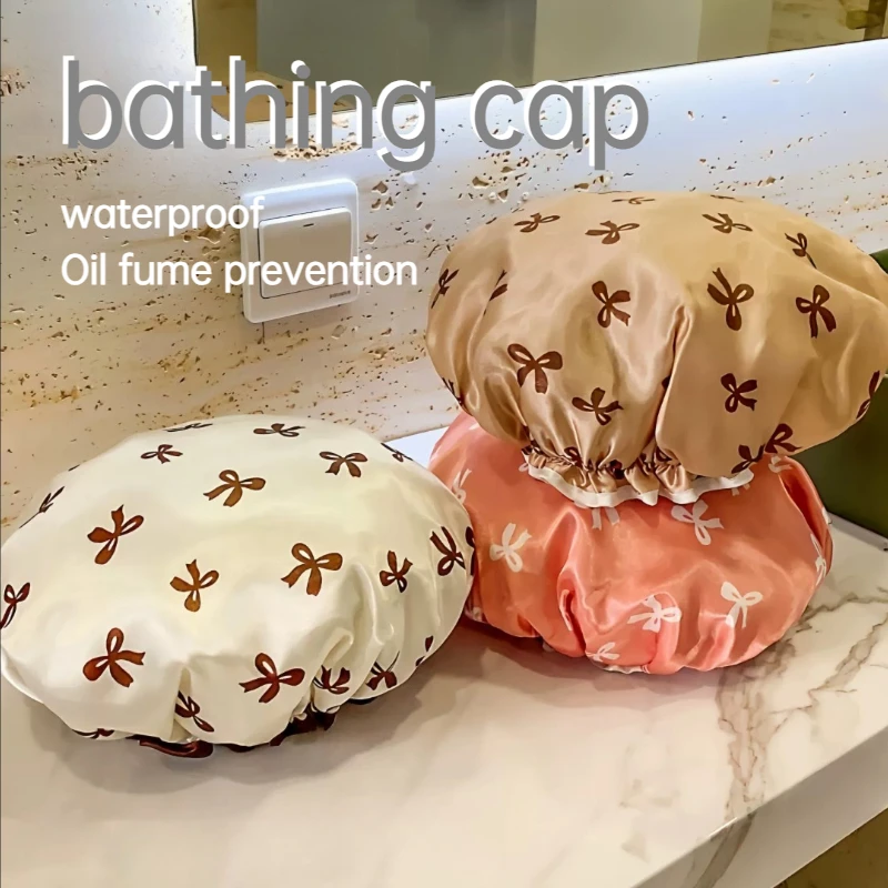 1pc Reusable Waterproof shower cap Kitchen anti-smoke head cover Bowknot print Bathroom accessories
