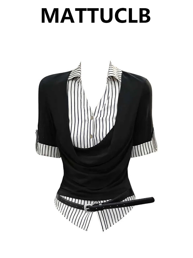 

Summer Women Y2k Fake Two Pieces Striped Shirts Short Sleeve Aesthetic Design Blouses Office Lady Old Money Korean Fashion New