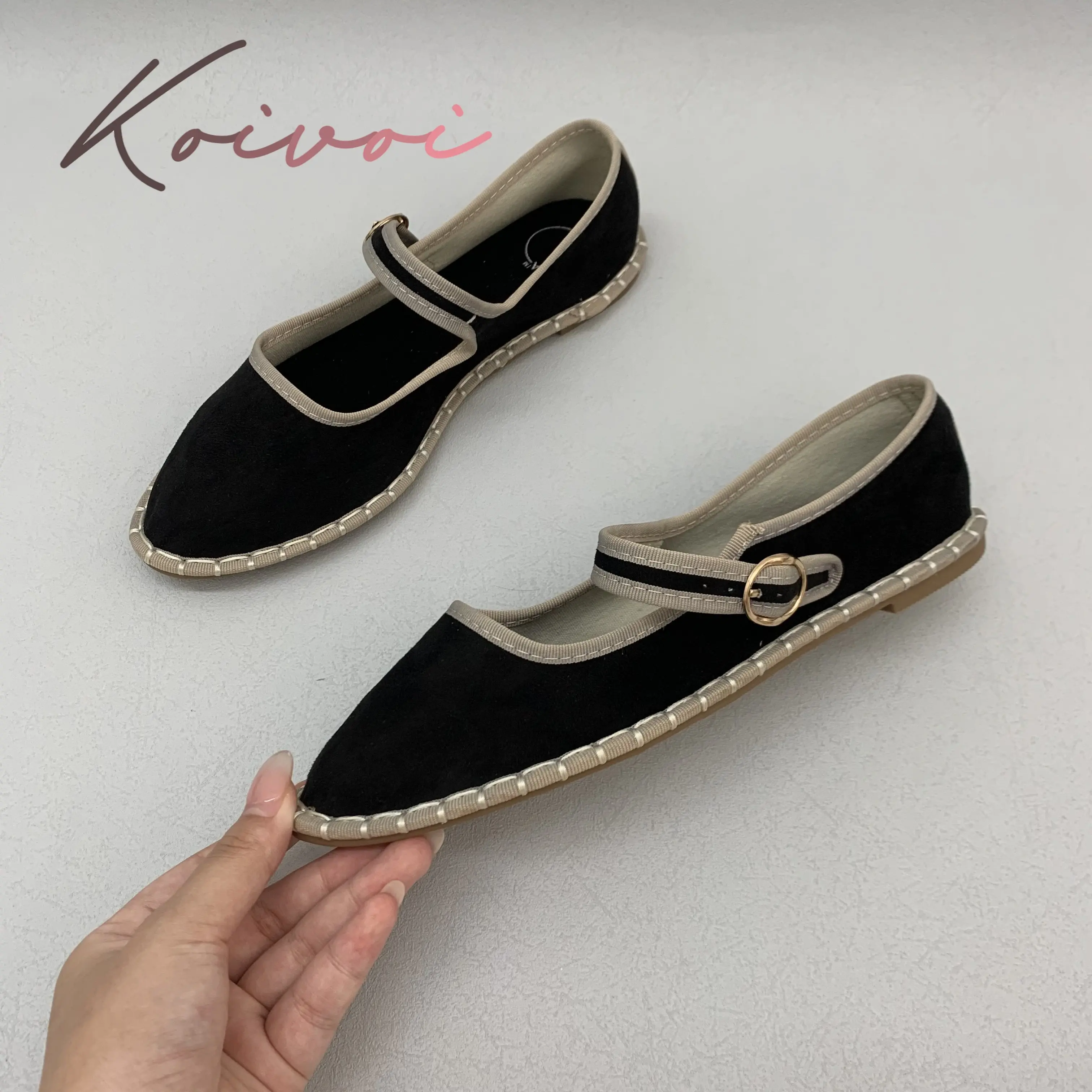 

Hand Stitch Buckle Strap Flats Mary Jeans Shoes Women Pointed Toe Velvet Cloth Ballet Flats Shoes Ladies Casual Fashion Footwear