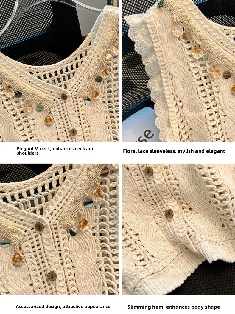 التصميم الأصلي الدانتيل تقليم ell V-Ne الجوف محبوك ort Svel سترة المرأة الصيف ملابس خارجية فضفاضة تناسب زر الديكور