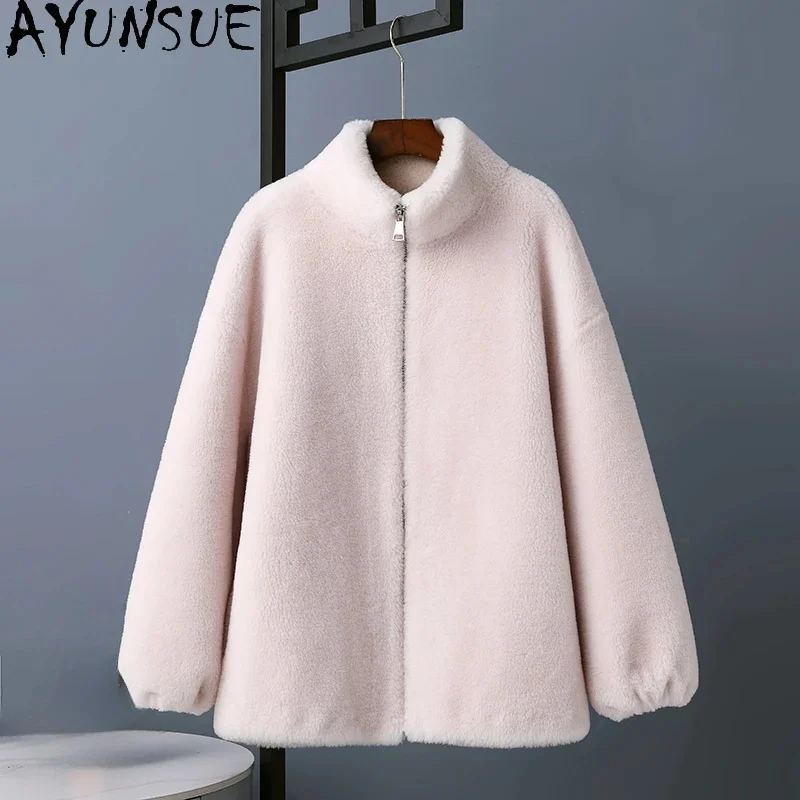 New AYUNSUE Sheep Shearing Jacket for Women 2024 Autumn Winter 100% Wool Coats Casual Loose Fur Coat Standing Collar Abrigos