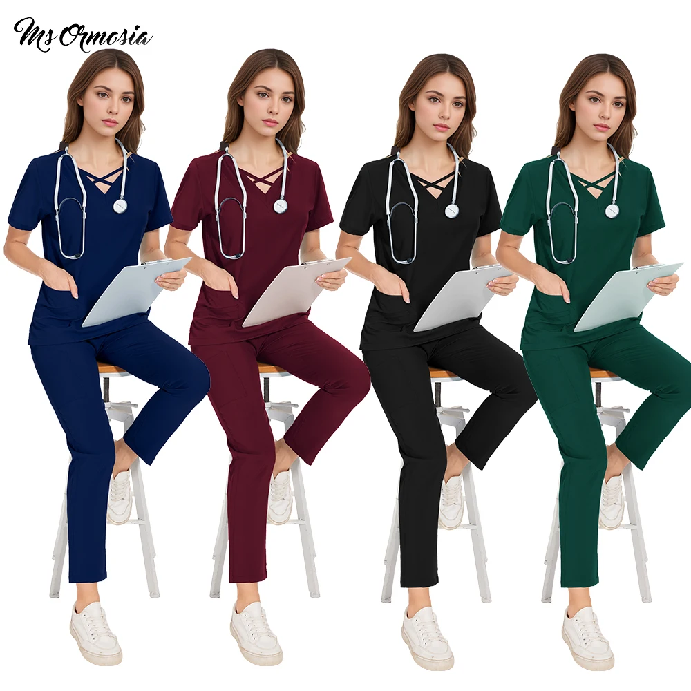 Muitas cores preço barato com decote em v conjuntos de uniforme de enfermagem feminino hortelã roxo uniforme médico feminino calças de perna reta conjunto de enfermeira médica