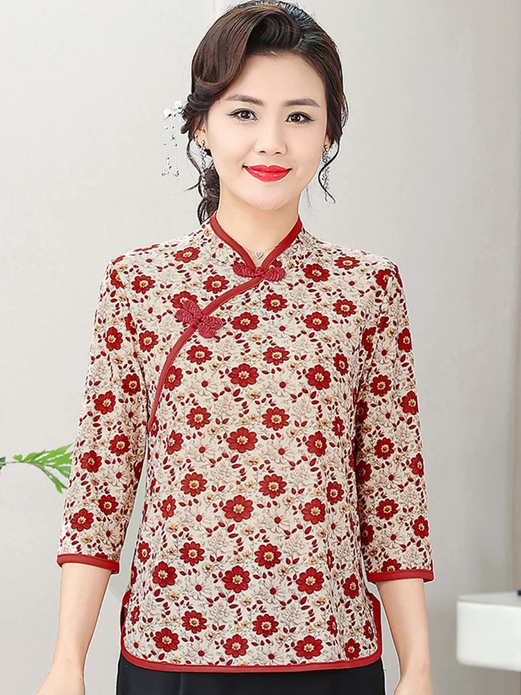 

New 2026 Mid-Sleeve Floral Print T-Shirt for Mothers And Elderly Women Improved Tang Suit Loose Polyester Fiber