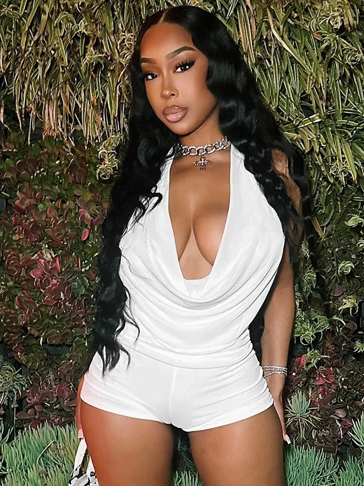 

Ueteey Sexy Elegant 2 Piece Set Halter Backless Bandage Swing Collar Tank Tops+Shorts Matching Streetwear Tight Stretch Suit